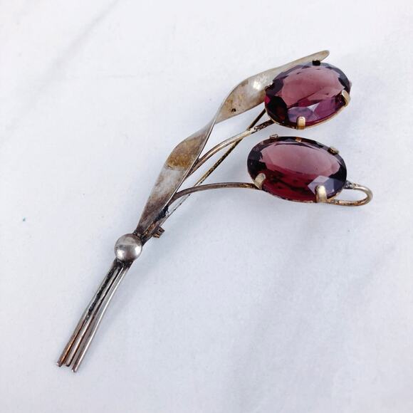 VTG 20s-30s Sterling Silver Floral Brooch Purple Glass Stones Nouveau Influence - Picture 3 of 8